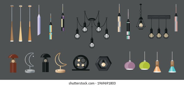 
Modern loft llama large set. Ceiling lamps fashionable loft modern. Vector illustration.
