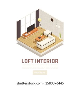 Modern loft lounge interior with big window tv cozy sofa coffee table lamp isometric view vector illustration 