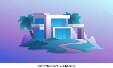 Modern loft mansion with big windows in the resort area isolated illustration.