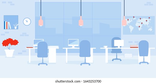 Modern loft office with computers, office desks, shelves, flowers, stacks of paper. Vector in flat style