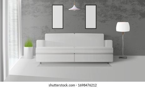 Modern loft style interior. Room with concrete walls. White sofa, floor lamp with white lampshade, pot of grass. Vector illustration