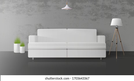 Interior moderno de estilo loft. Habitación con paredes de hormigón. Sofá blanco, lámpara de suelo con pantallas blancas, maceta de pasto. Ilustración del vector