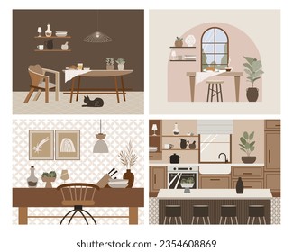 Modern loftkitchen vector flat composition. Stylish home decor in scandinavian style. Boho ethnic apartment in terracotta, pastel white and beige colors. Hygge lifestyle design.