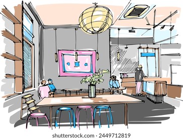 Modern Loft-Style Coffee Shop: Concrete Walls and Simple Furniture. Socializing Concept. Hand-Drawn Sketch, Not AI