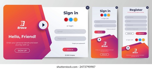 Plantilla de forma de Inicio de sesión moderno con fondo de color rojo. Página de formularios de registro y Inicio de sesión móvil. Profesional Diseño web, juego completo de Elementos. Materiales de diseño fáciles de usar.