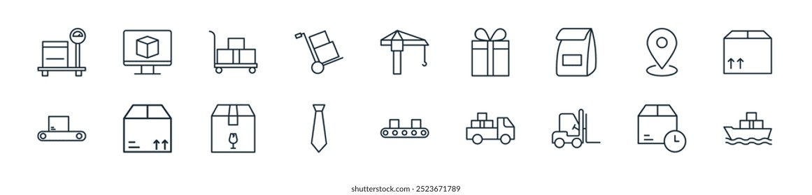 modern logistic delivery icon pack. perfect for linear ui designs featuring vector cargo ship, package, lifter, cargo truck, conveyor, tie, box and more icons for mobile and web apps.