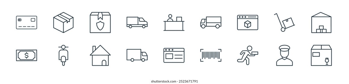 modern logistic delivery icon pack. perfect for linear ui designs featuring vector box, driver, delivering, bar code, web page, cargo truck, home and more icons for mobile and web apps.