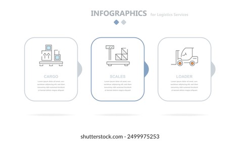 Modern logistic rectangular infographics reflecting logistic symbols such as cargo on pallets, weighing cargo on scales, loader. EPS 10