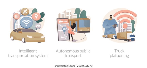 Modern logistics abstract concept vector illustration set. Intelligent transportation system, autonomous public transport, truck platooning, smart taxi, automated highway, traffic abstract metaphor.