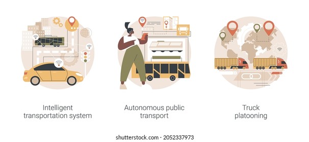 Modern logistics abstract concept vector illustration set. Intelligent transportation system, autonomous public transport, truck platooning, smart taxi, automated highway, traffic abstract metaphor.