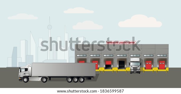 Modern\
logistics center. Delivery of goods by road to a warehouse complex\
located outside the city. Flat vector\
illustration