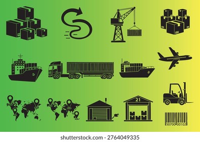 Modern logistics and global shipping icons collection isolated