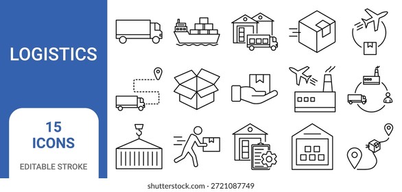 Modern logistics icon set featuring delivery, shipping, warehouse, cargo, and supply chain symbols, ideal for websites, mobile apps, dashboards, e-commerce, and business logistics designs.