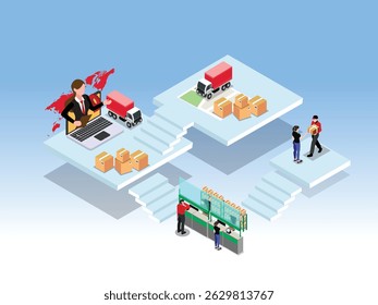 a modern logistics and supply chain network, featuring online order processing via a laptop connected to a global map, warehouse operations isometric 3d vector illustration