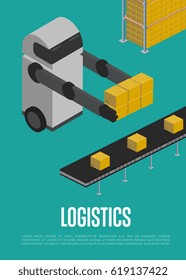Modern logistics technology isometric banner vector illustration. Automated warehouse with working robot and delivery conveyor. Freight automatic delivery, cargo transportation, shipment logistics