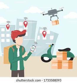Modern logistics transportation and drone delivery service. Young man holds the robotic control box with the wireless remote to deliver the box to the people in the building. Shipping with copter.