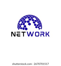 Ein modernes Logo einer abstrakten Halbkugel aus verbundenen Sechsecken, das globale Datennetze und Technologie darstellt. Enthält den Text 'NETWORK' in einer sauberen Schriftart. Farben: blau und violett.