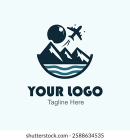 Modern Logo. Airplane flying over mountains and water.