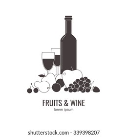 Modern logo for bar or restaurant with fruits, wine and glasses. 