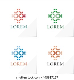 Modern Logo Based on Authentic Symbol - Colored Letters and Faded Blue Green Orange and Red Objects with Shadows on White Natural Paper Effect Background - Flat Contrast Graphic Illustration
