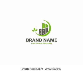 Modern logo with binary graphics and green leaves. Suitable for companies operating in the financial and digital economy sector.