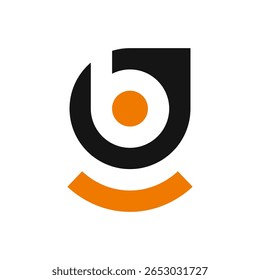 A modern logo with a black 'b' or abstract shape, an orange circular dot, and a separate orange curved element below