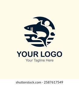 Modern Logo. Black and white logo of a shark jumping over a wave.