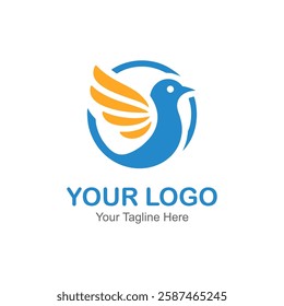 Modern Logo. Of a blue bird with yellow wings in a circle.