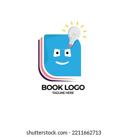 Modern logo book design template with smart smile character and lamp vector illustration