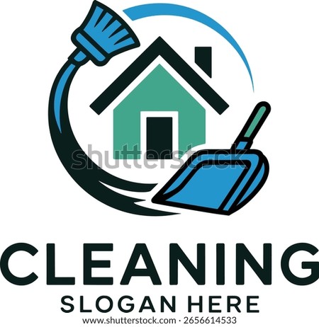 Modern logo for a cleaning service featuring a stylized house, sweeping broom, and dustpan, conveying cleanliness, professionalism, and home care. Ideal for branding residential 