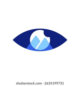 A modern logo cleverly integrates an eye shape with stylized mountains and a rising sun or moon. The blue and white palette suggests clarity, vision, and possibly nature or exploration