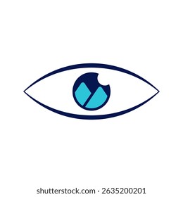 A modern logo cleverly integrates an eye shape with stylized mountains and a rising sun or moon. The blue and white palette suggests clarity, vision, and possibly nature or exploration