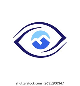 A modern logo cleverly integrates an eye shape with stylized mountains and a rising sun or moon. The blue and white palette suggests clarity, vision, and possibly nature or exploration