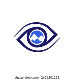 Um logotipo moderno integra habilmente uma forma de olho com montanhas estilizadas e um sol ou lua nascente. A paleta azul e branca sugere clareza, visão e possivelmente natureza ou exploração