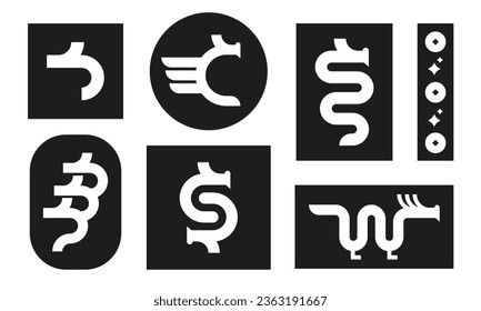 Modern logo collection with white chinese dragon on black backdrop. Minimal geometric vector icon set