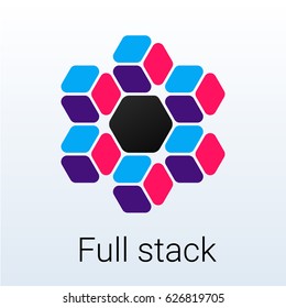 Modern Logo of colored cubes that are united around the hexagon for developers and programmers Vector illustration symbol with text Full stack