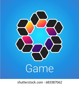 Modern Logo of colored cubes that are united around the hexagon for developers and programmers Vector illustration symbol with text Game