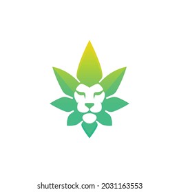 Logo moderno Combinación de la hoja abstracta de marihuana con la cara de la familia canina. El logo de King Cbd Health diseña leones hoja.