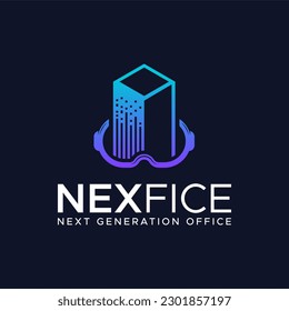 Modern logo combination of digital building and Virtual Reality glasses. It is suitable for use as a Virtual Reality  technology logo