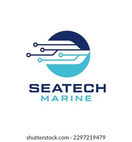 Moderne Logo-Kombination aus Schiff und Schaltkreis. Es eignet sich für Schiffstechnologieunternehmen.