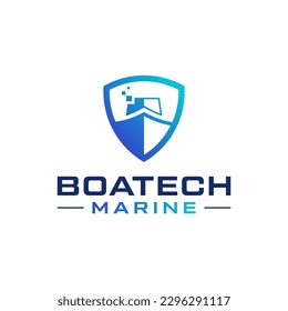 Modern logo combination of ship, shield and digital. It is suitable for ship technology companies.