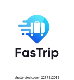 Modern logo combination of travel luggage, speed and location pin. It is suitable for use as a travel logo.