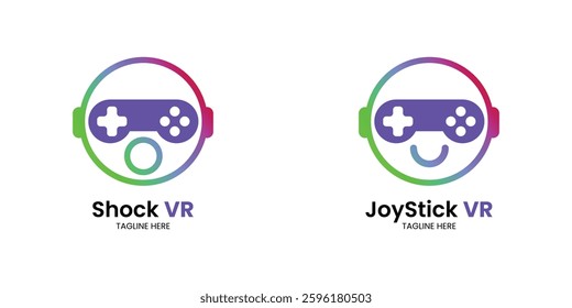 modern logo with combination of VR with game stick with gradient color and player expression. suitable for vr game logo, game developer, and the like