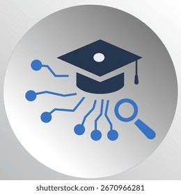 Um logotipo moderno que combina um teto de graduação, linhas de circuito e lupa para simbolizar IA, tecnologia e aprendizagem.
