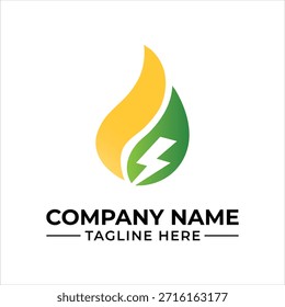 Un concepto de logotipo moderno con una hoja verde, forma de llama amarilla y un símbolo de rayo