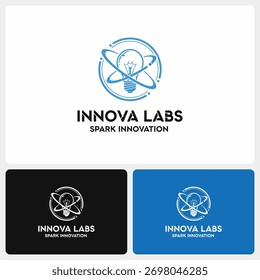 A modern logo concept for a technology or science company, featuring a lightbulb symbolizing ideas, encircled by atomic paths. 