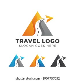 modern logo design of abstract letter A with road and plane symbol, triangle agency travel icon logo illustration