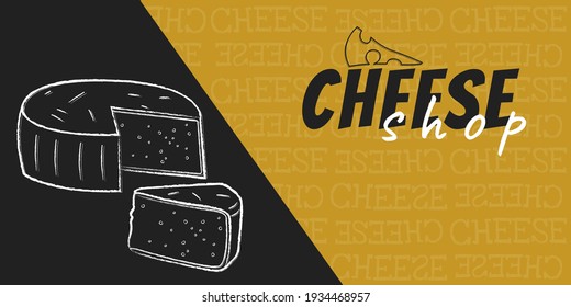 Modern logo design Cheese shop. Template for banner, advertisement, store sign, market, site header, online grocery store. Layout for social networks selling dairy products. Trendy yellow background