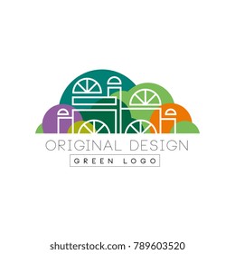 Modern logo design with city mall in line style against green park background. Entertainment center. Colorful vector label for business company or promo flyer