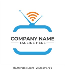 Un diseño de logotipo moderno que combina una antena de televisión retro con una señal wifi para la transmisión de medios
